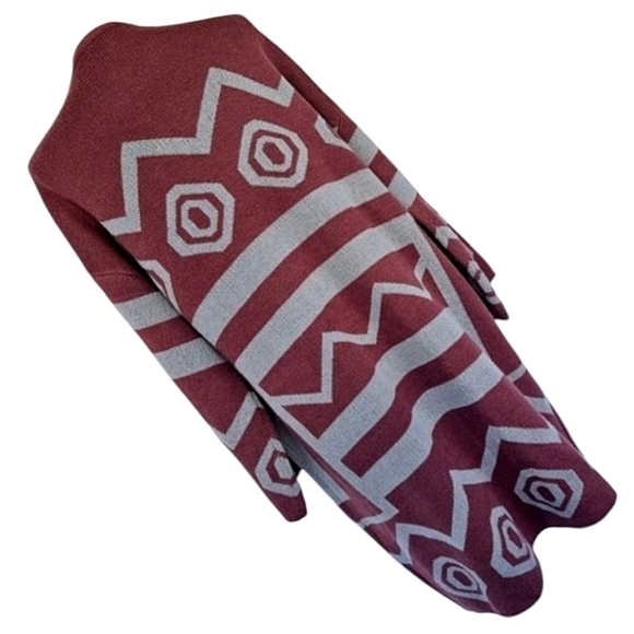 YeMak Sweater Wmns Tribal Boho Cardigan Slouchy Coat Long Sleeve Burgundy SzS/M - Picture 9 of 12